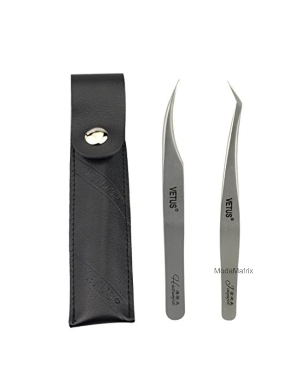 2 Pc Precision Stainless Steel Tweezers Set with Leather Case for Eyelash